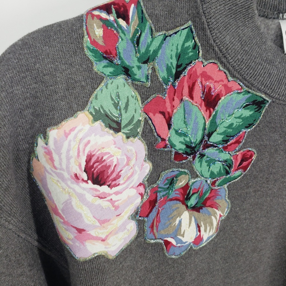 Vintage 90s Hanes Floral Rose Sweatshirt Womens Large Gray Glitter Crew Neck USA - Picture 8 of 9